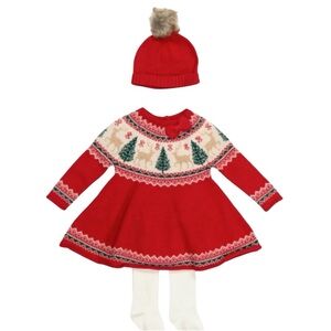 🎁 TAHARI 3 peice set - Red Knit Dress with White Tights and hat NWT
